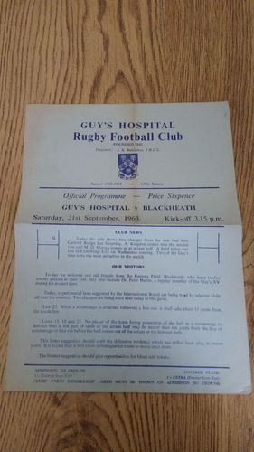 Guy's Hospital v Blackheath Sept 1963 Rugby Programme