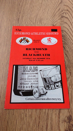 Richmond v Blackheath Dec 1978 Rugby Programme