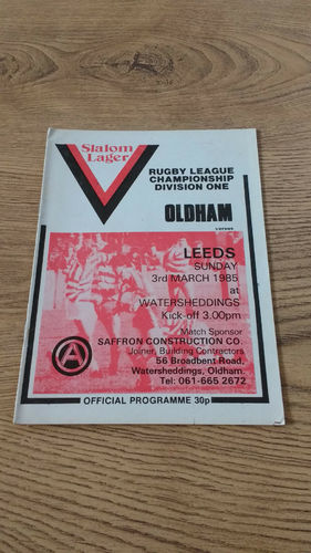 Oldham v Leeds Mar 1985 Rugby League Programme