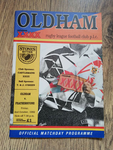 Oldham v Featherstone Rovers Oct 1992 Rugby League Programme