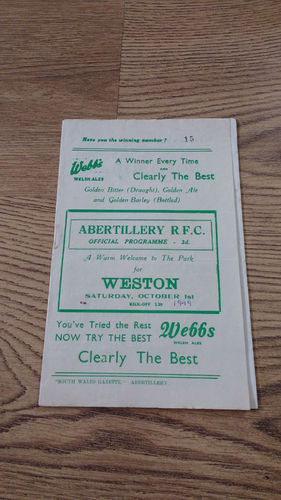Abertillery v Weston Oct 1949 Rugby Programme