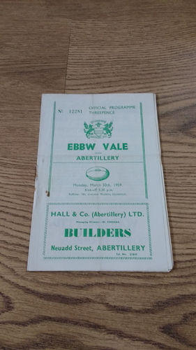 Abertillery v Ebbw Vale Mar 1959 Rugby Programme