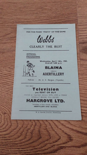 Abertillery v Blaina Apr 1965 Rugby Programme