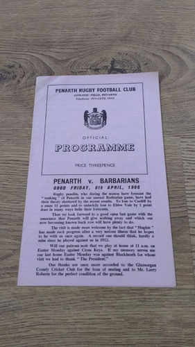 Penarth v Barbarians Apr 1966 Rugby Programme