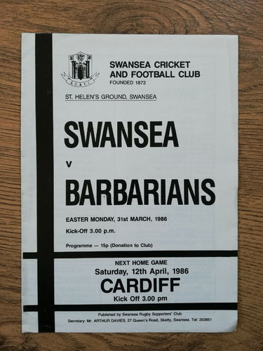 Swansea v Barbarians Mar 1986 Rugby Programme