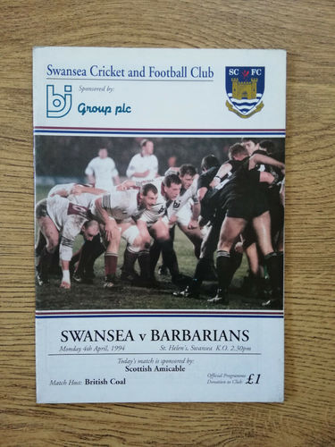 Swansea v Barbarians Apr 1994 Rugby Programme