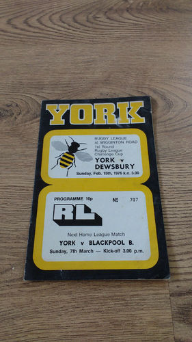 York v Dewsbury Challenge Cup Feb 1976 Rugby League Programme