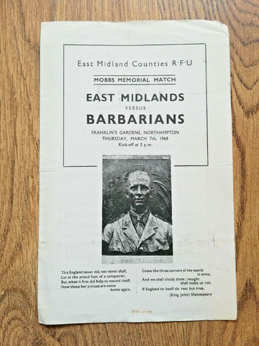 East Midlands v Barbarians Mar 1968 Rugby Programme