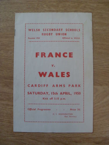 Wales Schools v France Schools 1950 Rugby Programme
