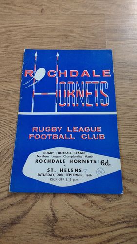 Rochdale Hornets v St Helens Sept 1966 Rugby League Programme