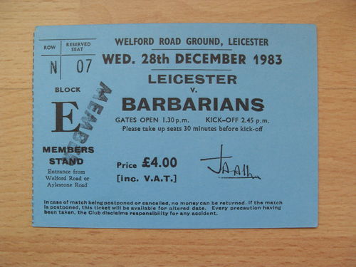 Leicester v Barbarians 1983 Rugby Ticket