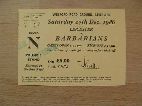 Leicester v Barbarians 1986 Rugby Ticket