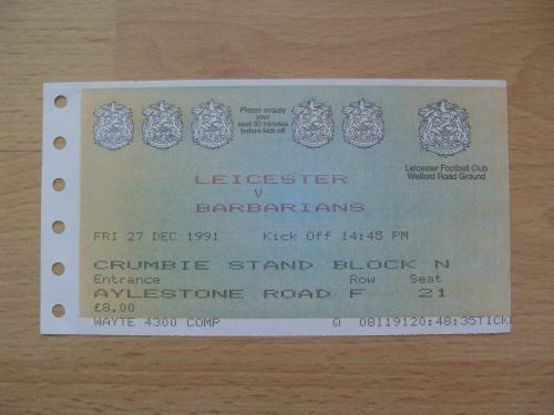 Leicester v Barbarians 1991 Rugby Ticket