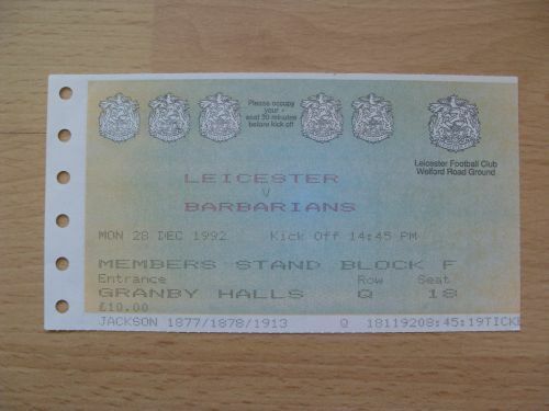 Leicester v Barbarians 1992 Rugby Ticket