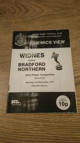 Widnes v Bradford John Player Trophy Semi-Final Dec 1977 Rugby League Programme