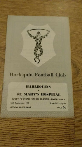 Harlequins v St Mary's Hospital Sept 1958 Rugby Programme