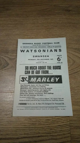 Swansea v Watsonians Dec 1967 Rugby Programme