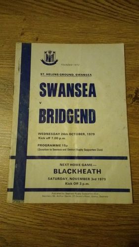 Swansea v Bridgend Oct 1979 Rugby Programme