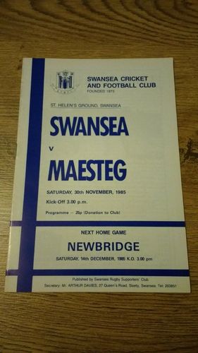 Swansea v Maesteg Nov 1985 Rugby Programme