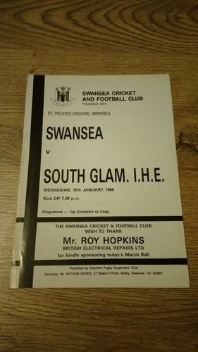 Swansea v South Glamorgan I H E Jan 1986 Rugby Programme