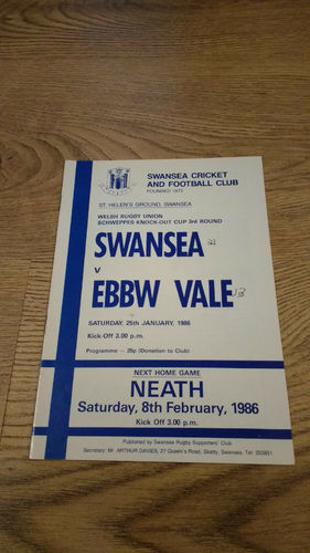 Swansea v Ebbw Vale WRU Cup Jan 1986 Rugby Programme