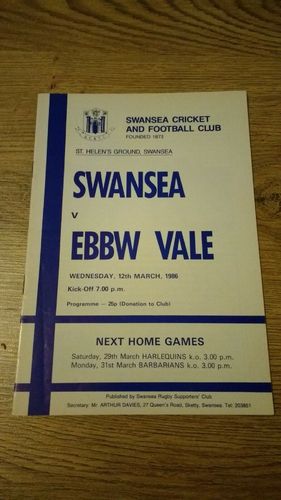 Swansea v Ebbw Vale Mar 1986 Rugby Programme