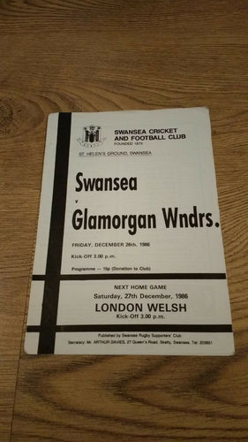 Swansea v Glamorgan Wanderers Dec 1986 Rugby Programme