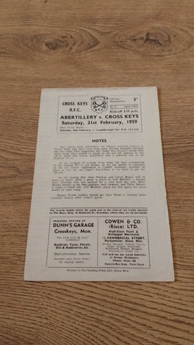 Cross Keys v Abertillery Feb 1959 Rugby Programme
