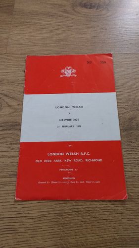 London Welsh v Newbridge Feb 1970 Rugby Programme