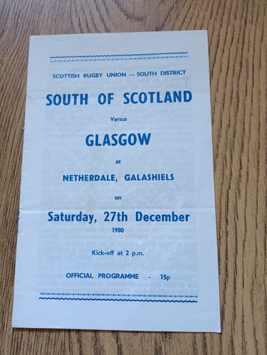 South of Scotland v Glasgow Dec 1980 Rugby Programme