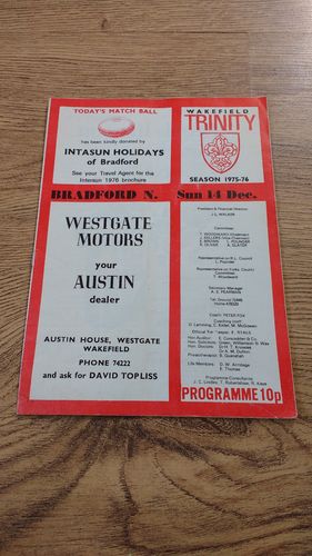 Wakefield v Bradford Dec 1975 Rugby League Programme