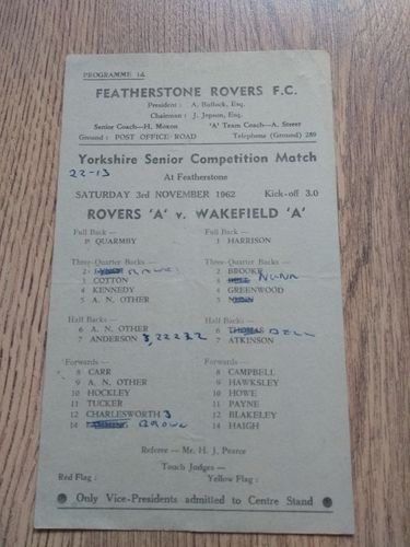 Featherstone A v Wakefield A Nov 1962 RL Programme
