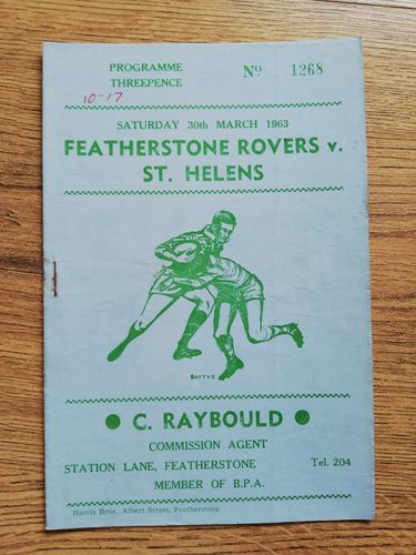 Featherstone v St Helens Mar 1963 Rugby League Programme