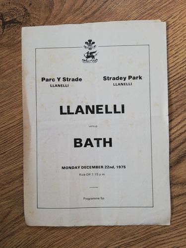 Llanelli v Bath Dec 1975 Rugby Programme