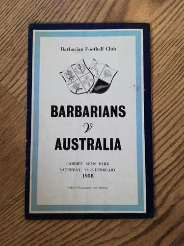 Barbarians v Australia 1958 Rugby Programme