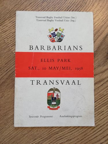 Transvaal v Barbarians 1958 Rugby Programme