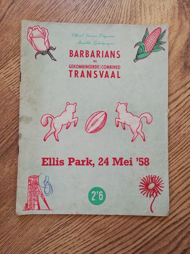 Combined Transvaal v Barbarians 1958 Rugby Programme