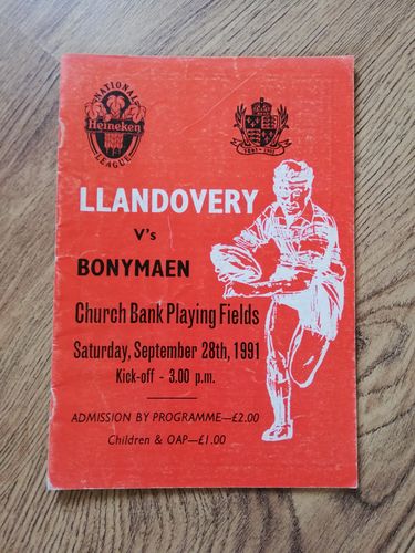 Llandovery v Bonymaen Sept 1991 Rugby Programme