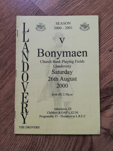 Llandovery v Bonymaen Aug 2000 Rugby Programme