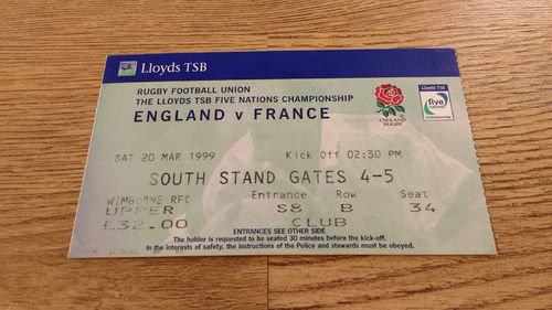 England v France 1999 Rugby Ticket