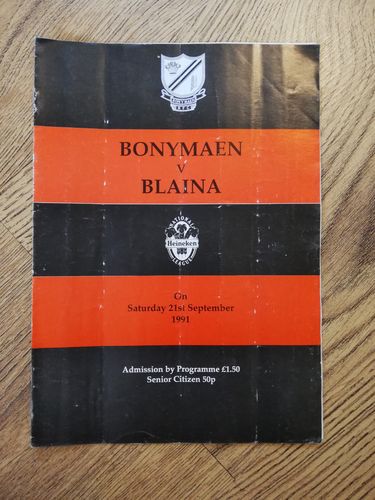 Bonymaen v Blaina 1991 Rugby Programme