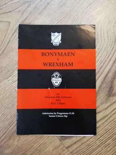 Bonymaen v Wrexham Feb 1992 Rugby Programme