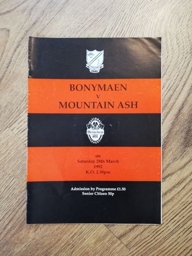 Bonymaen v Mountain Ash 1992 Rugby Programme