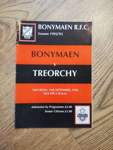 Bonymaen v Treorchy 1992 Rugby Programme