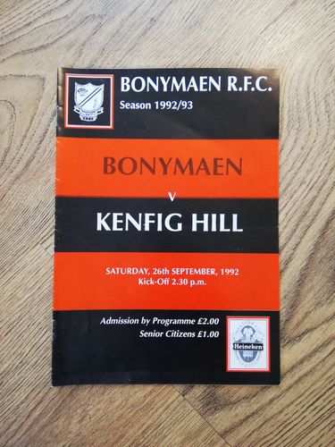 Bonymaen v Kenfig Hill 1992 Rugby Programme