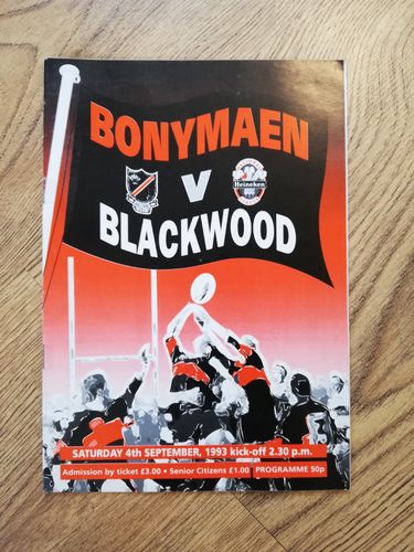 Bonymaen v Blackwood Sep 1993 Rugby Programme