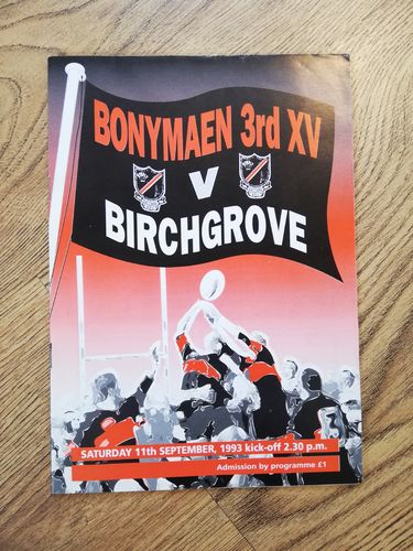 Bonymaen 3rd XV v Birchgrove 1993 Rugby Programme
