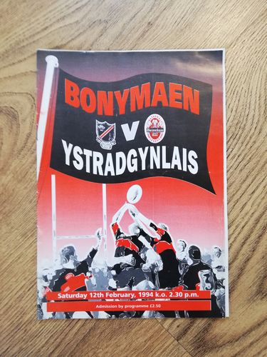 Bonymaen v Ystradgynlais Feb 1994 Rugby Programme