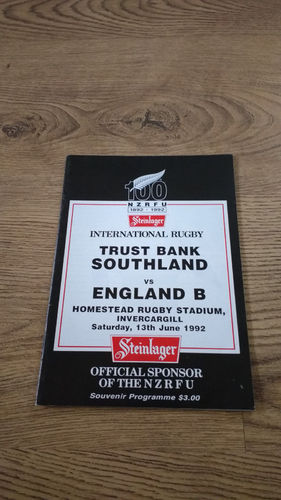 Southland v England B 1992 Rugby Programme