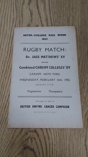 Dr J Matthews' XV v Combined Cardiff Colleges XV 1955 Rugby Programme